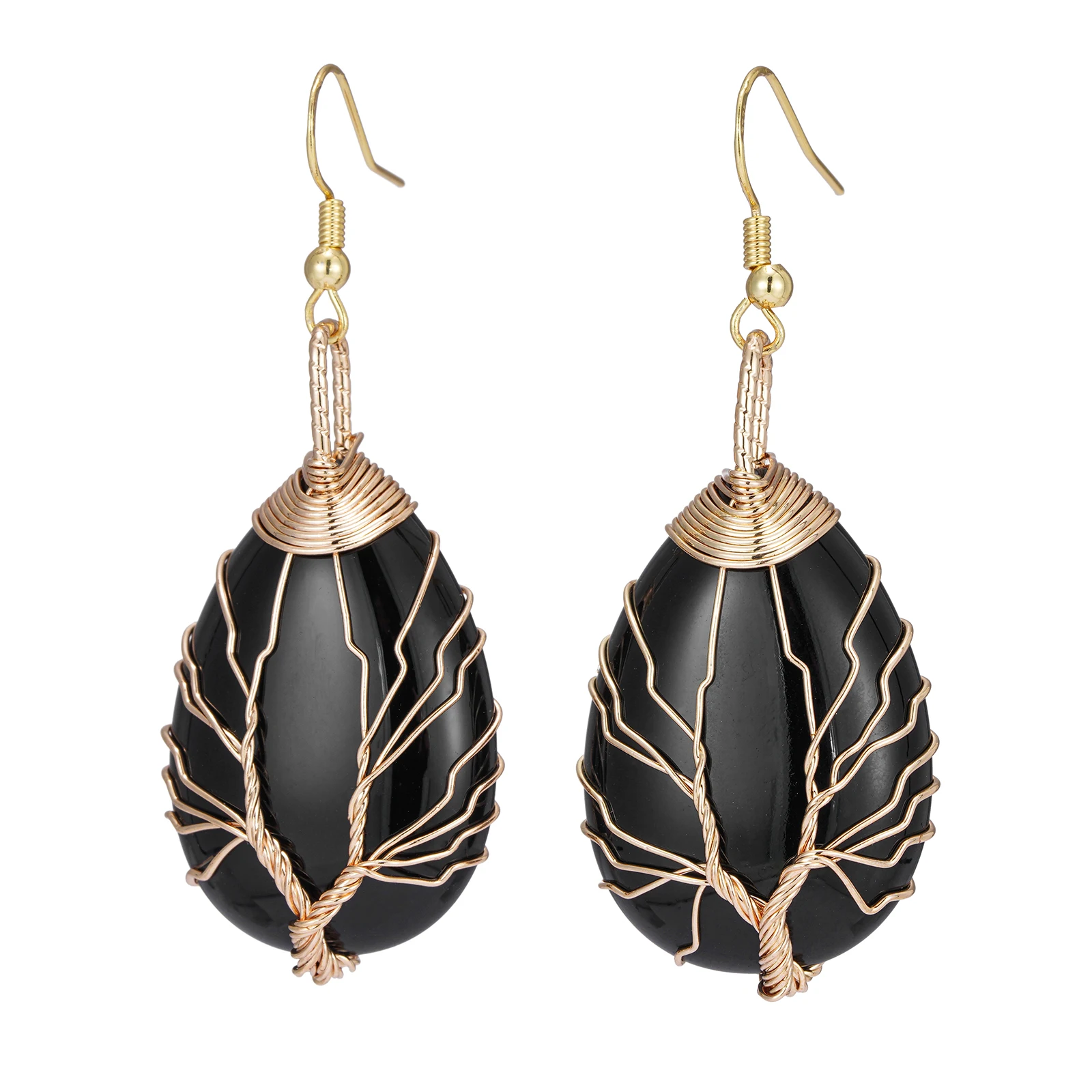 Handmade Teardrop Black Agate Crystal Dangle Earrings for Women, Wire Craft Tree of Life Earrings