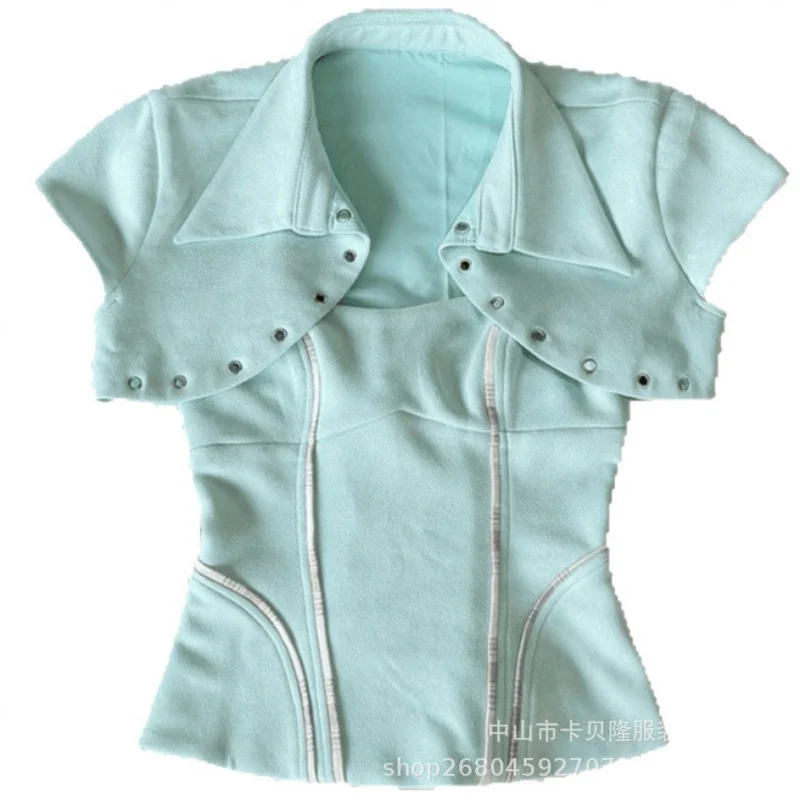 QICHE Women 2026SP Ropa Mujer Cyber Style Fake Two Piece T-shirt, Large Lapel Eyelet Waist Slim Top