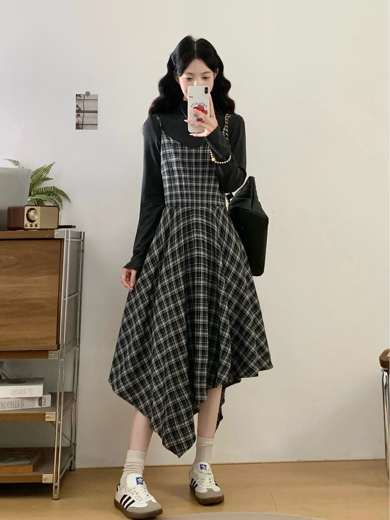 

plus Size Women's Vintage Color Blo Plaid A-Line Dr Irregular ter Ne Long Sve Mid-Length High Waist Autumn New S...