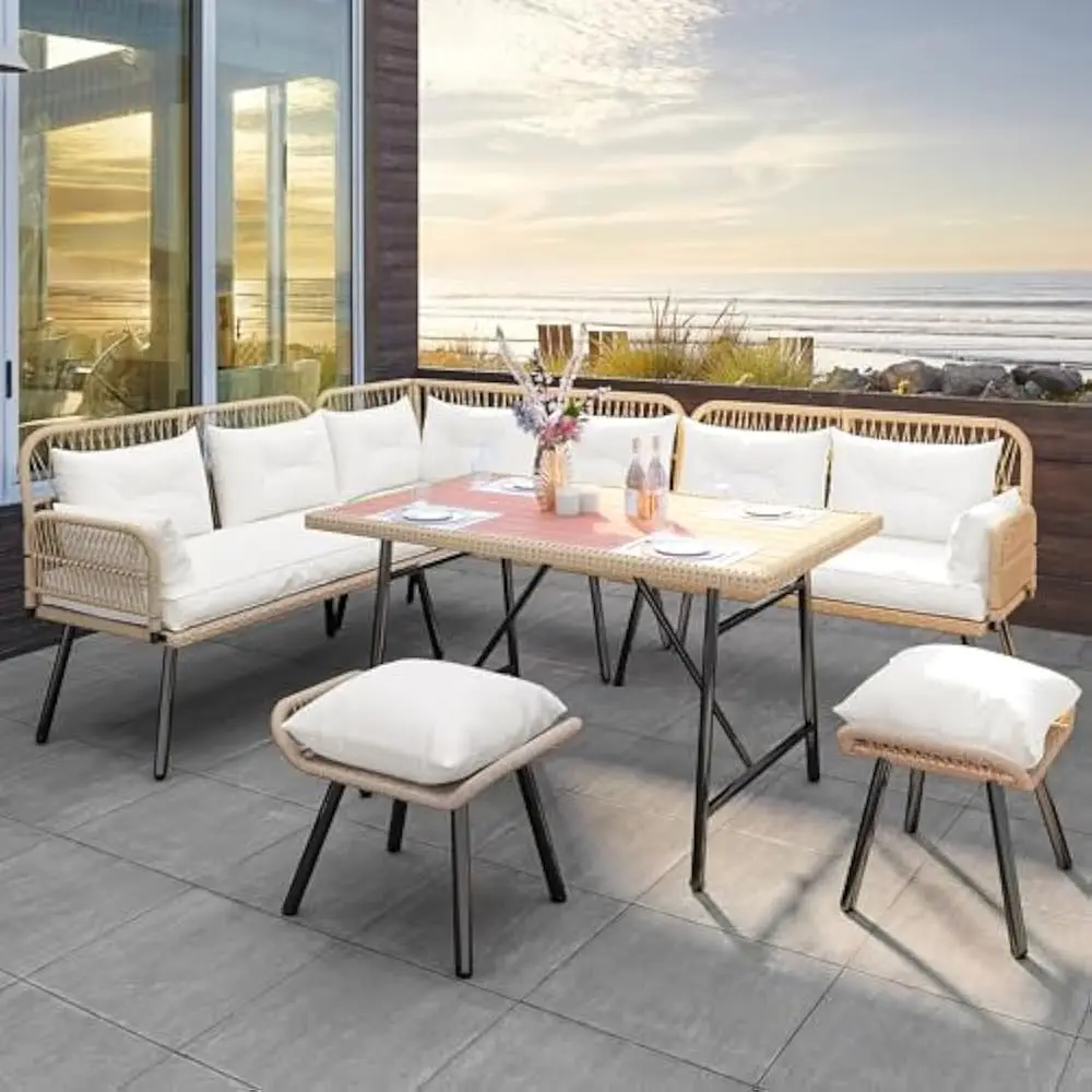

L-Shaped Garden Sofa, Outdoor Conversation Sofas Set Soft Cushions,Ottomans and Plastic Wood Dining Table,Garden Sofa