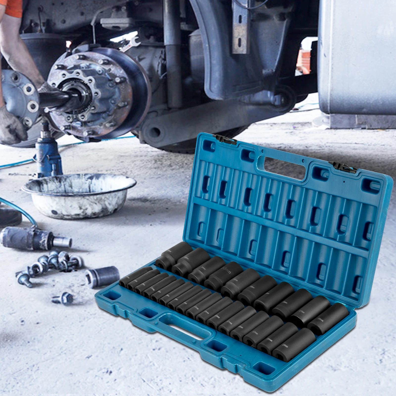 

Impact Socket Set 26 Piece Impact Sockets, Deep Socket, 6-Point Sockets, Rugged Construction, Cr-V, With A Storage Cage