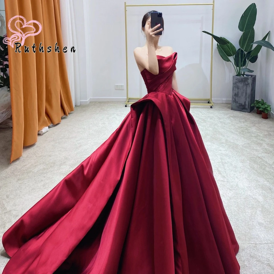 Burgundy Evening Gowns for Women Strapless Pleated Satin Long Formal Dress Designer Prom Party Wear Luxury Vestidos De Fiesta