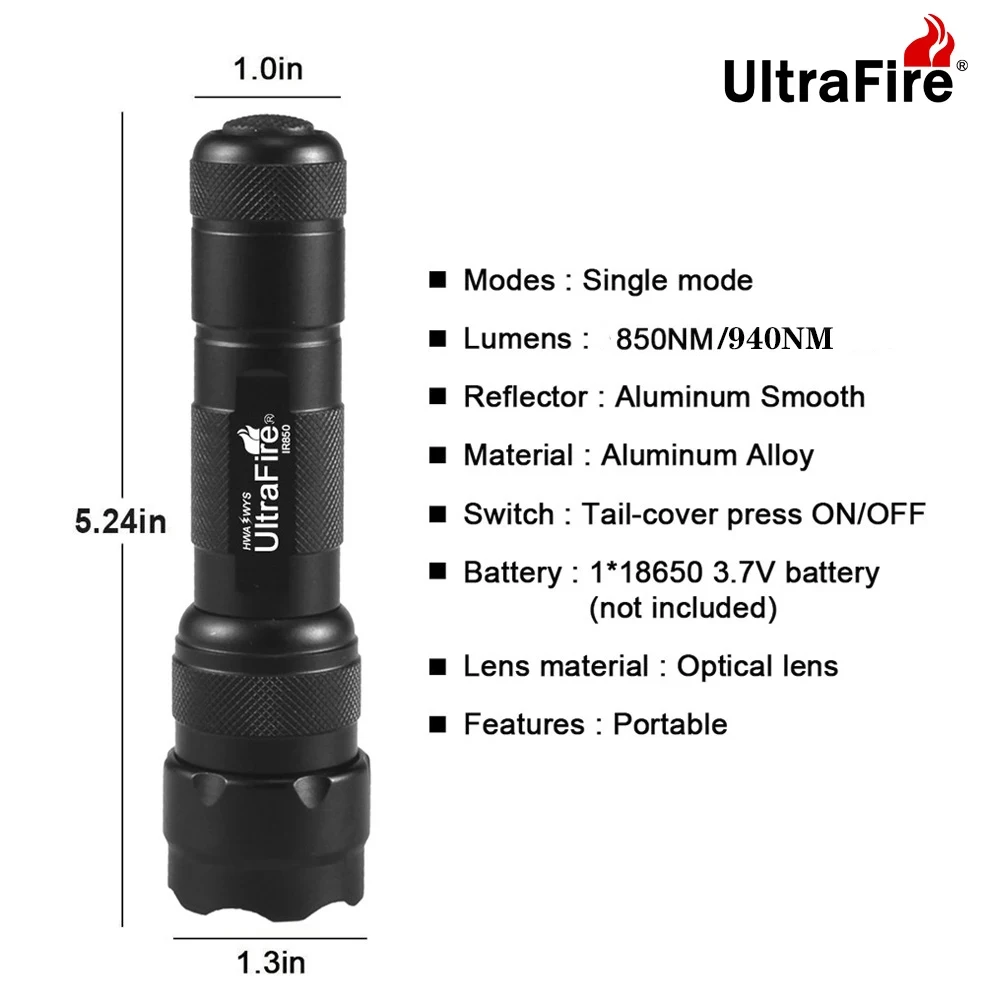 UltraFire WF-502B IR Zoomable Vision nocturne 850nm/940nm lampe de poche LED de chasse tactique rayonnement infrarouge 18650 lampe torche