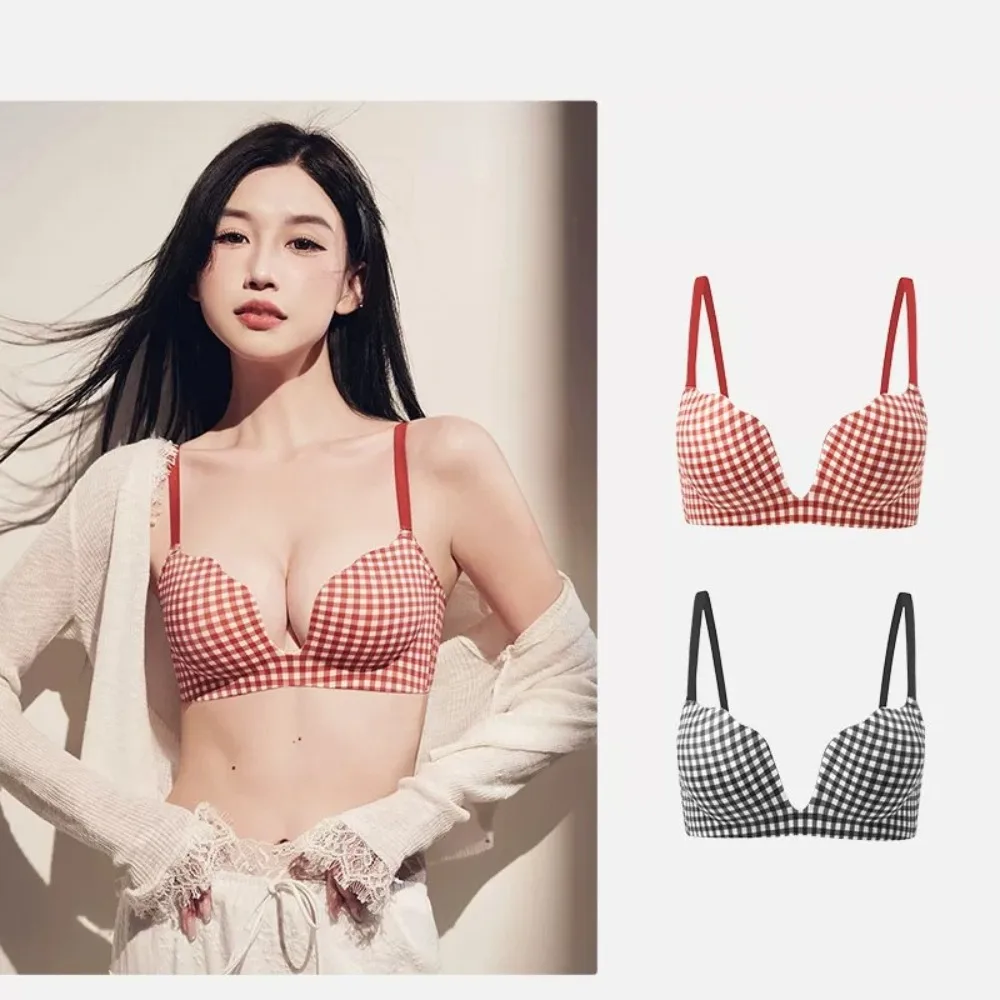 Seamless Bra Women Small Bust Push Up No Underwire Side Fat Control Anti Sag Checkered Student Bras Comfortable New 32-38 Smooth
