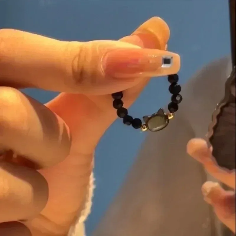 2pcs Natural Moonstone Obsidian Rings Beads Minimalist Fidget Ring Cute Black White Cat Ring Women Men Party Accessories Jewelry