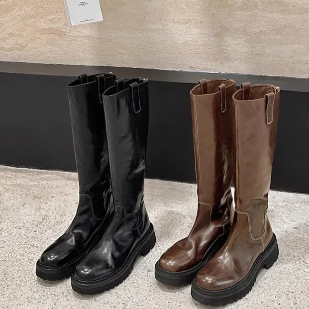 

Long boots with round toe and thick sole women's 2025 spring and autumn back zipper British style high boots