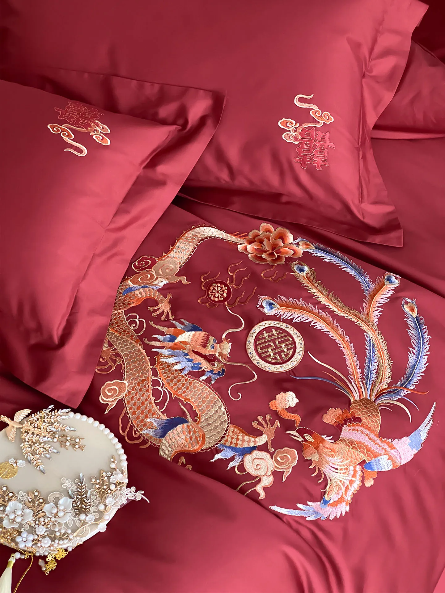 

New Chinese Style Dragon And Phoenix Wedding Celebration Cotton Bedding Set 100S Long Pile Red Embroidery Duvet Cover Sheet B...