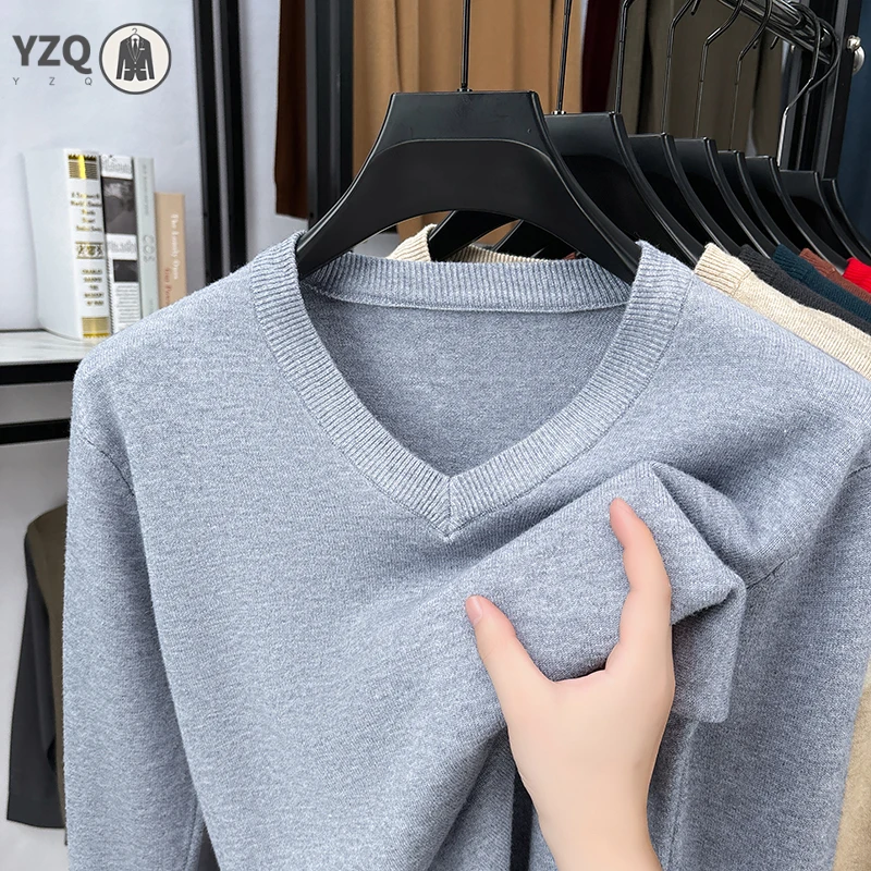 Male Minimalist V Neck Sweater Long Sleeve Ribbed Edge Design Soft Knitted Cloth Daily Walking Leisure Outfit