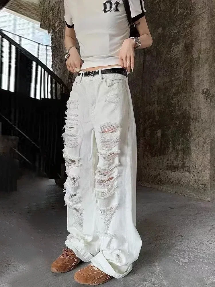 

White Ripped Baggy Jeans Women Hole Wide Leg Straight Denim Pants Hip Hop Summer Slouchy Trousers Loose Causal Korean