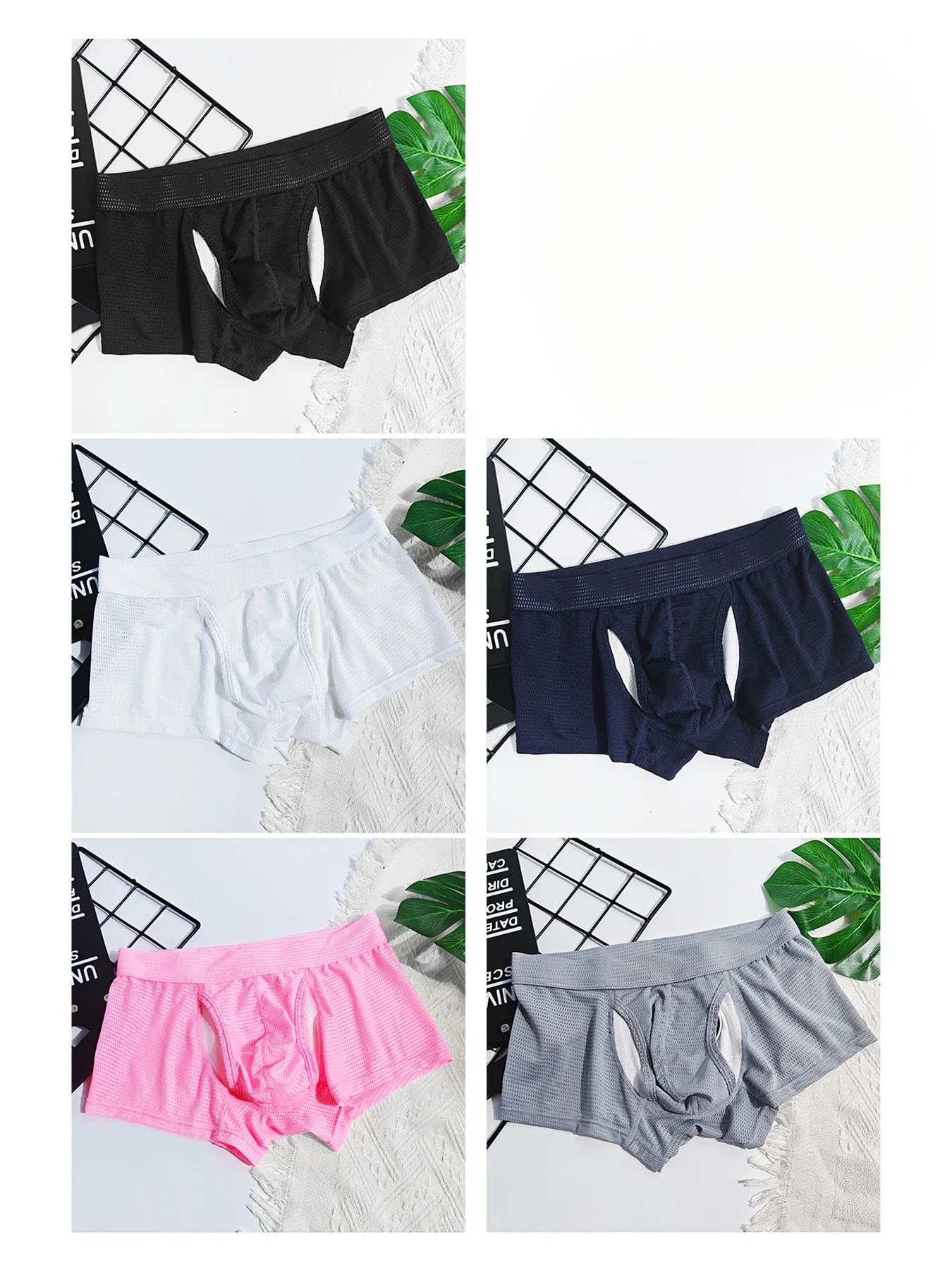 2Pcs Random Color Men Hollow Mesh Boxer Briefs, Breathable Cooling 3D Pouch Elastic Waist Quick Dry Underwear