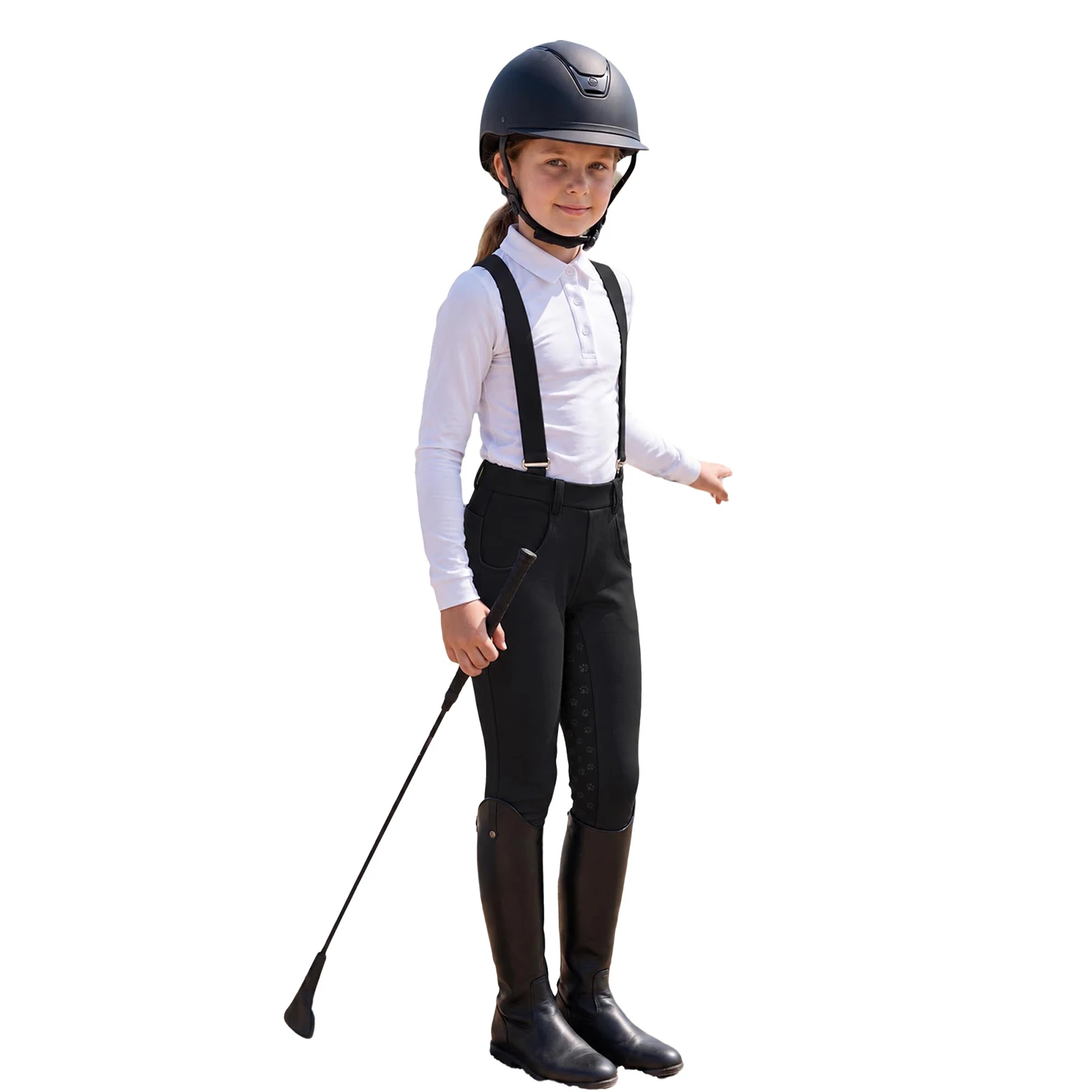Kids Girls Horse Riding Equestrian Breeches Pants Color-blocked Elastic Waistband Leggings with Pockets and Shoulder Straps