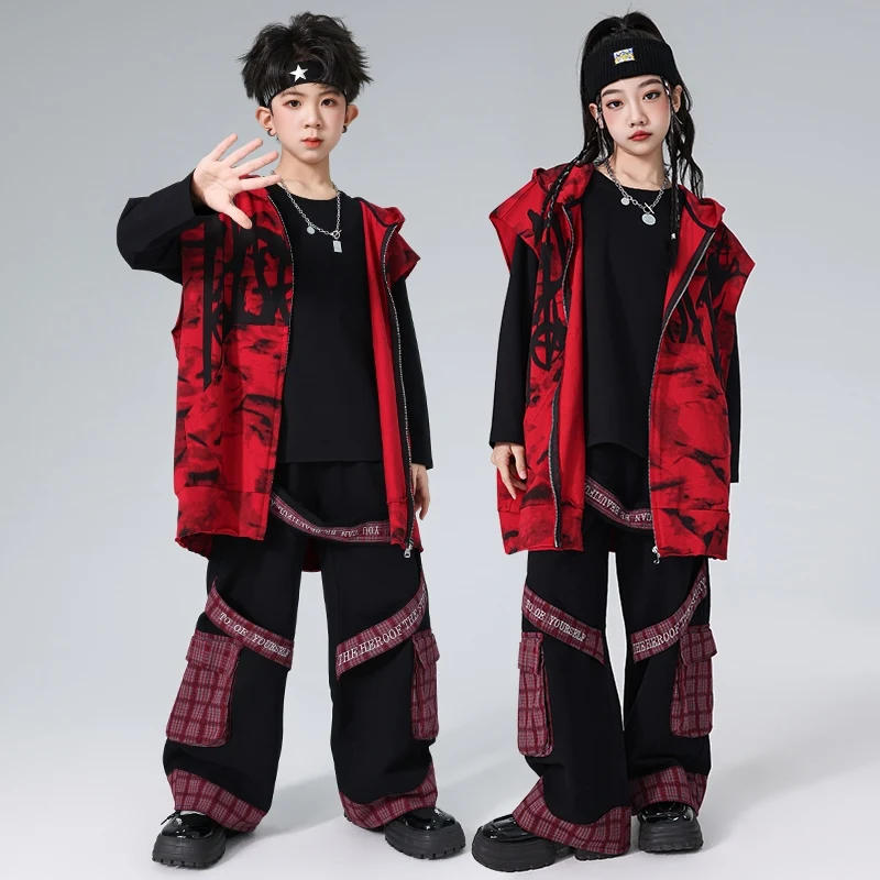 Ropa de baile de Hip Hop para niños y niñas, chaleco rojo con capucha, pantalones Cargo, traje de actuación de baile callejero, ropa de escenario de Hip Hop BL14229