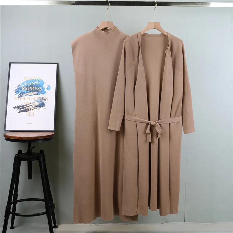 

Сплошной цвет, повседневный комплект, женский осенне-зимний новый длинный облегающий вязаный кардиган + майка без рукавов, платья, комплект из двух предметов Wh1