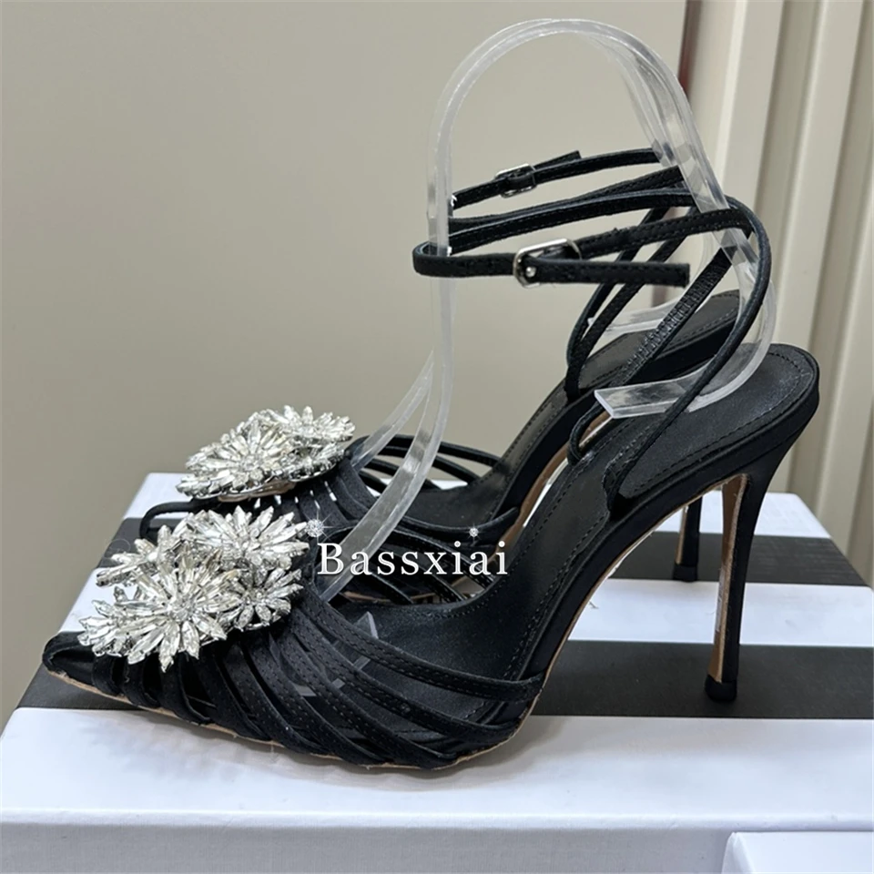 Crystal Flower Buckle Embellishment Sandals Women 10cm Stiletto Heel Sexy Narrow Band Pointed Toe Ankle Strap Summer Shoes