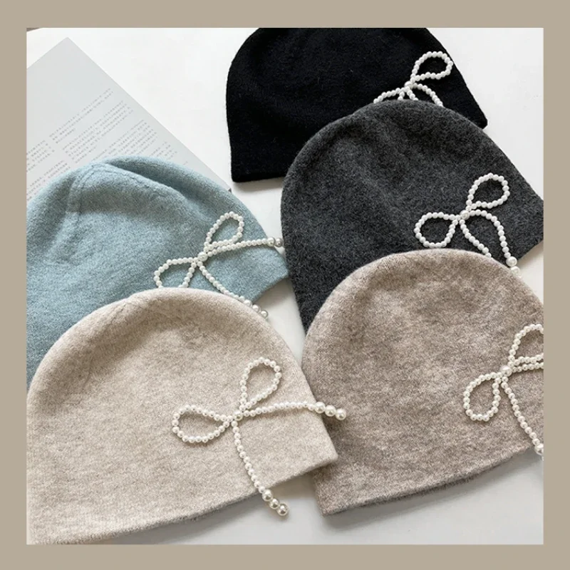 Korean Sweet Pearl Bow Design Knitted Beanies Cap for Women Autumn and Winter Atmosphere Casual Versatile Warm Pullover Hat