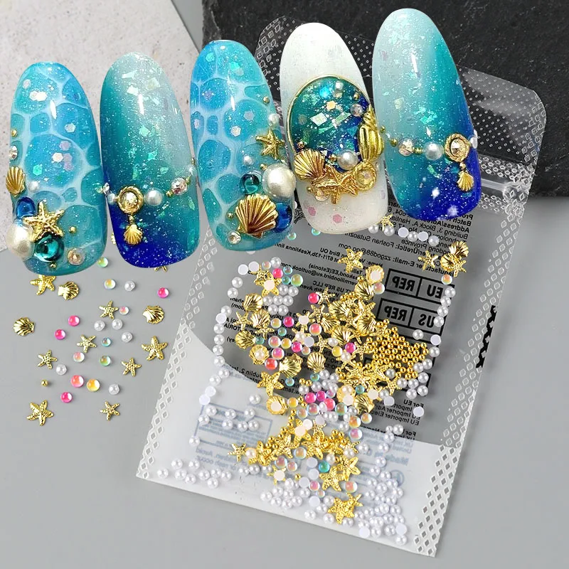 1Pack Summer Beach Nail Charms Gold Metallic Shells Starfish Ocean Nail Rivets Studs 3D Pearl Mermaid Beads Nail Art Decoration