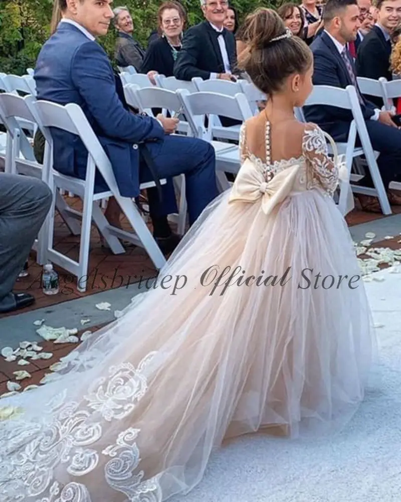 Angelsbridep Luxury Tulle A Line Flower Girls Dresses Appliques Long Sleeves Skirt Back With Bow Sweep Train Girls Pagnant Gowns