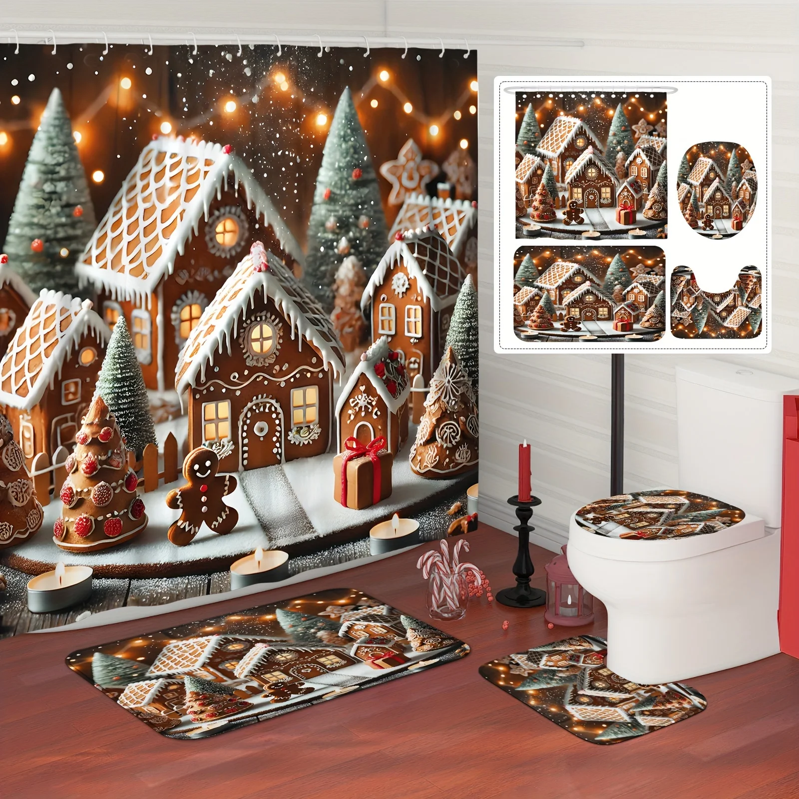 4PCS Christmas Shower Set – Gingerbread & Snowflake Tree,Brown,12 Hooks, Non-Slip Mat,U-Shaped Seat Cover ,Holiday Bathroom Gift