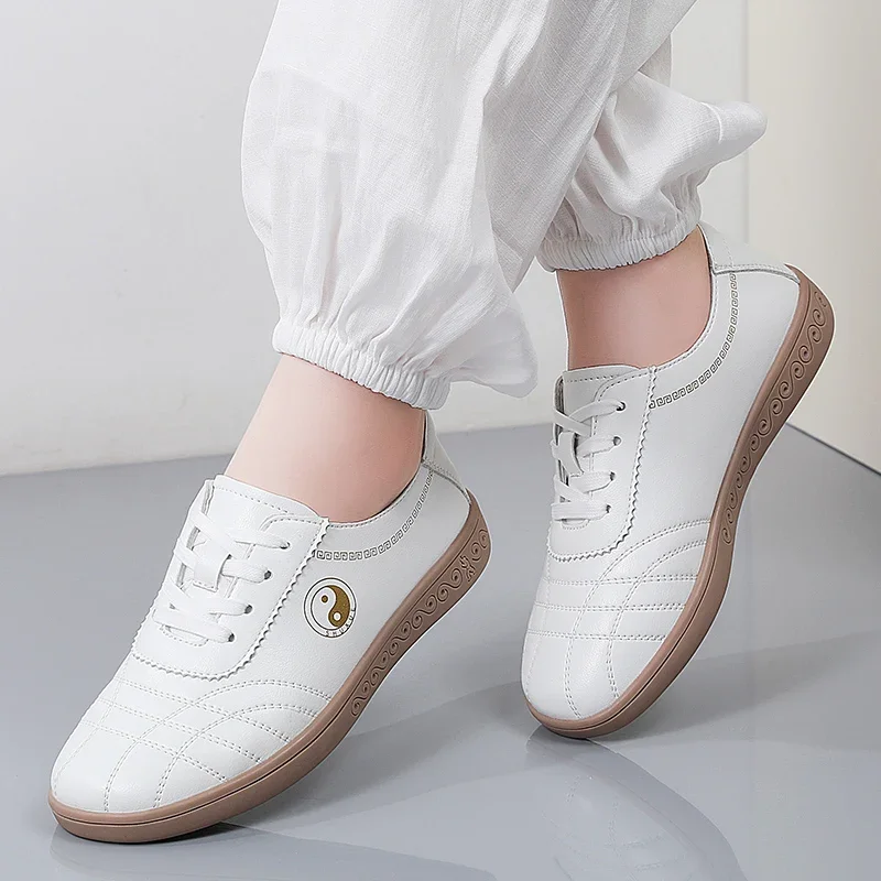 Women Shoes Soft Leather Tai Chi Shoes with Bull Tendon Sole Sneakers for Women Wear Resistant Competition Arts Sports Shoes
