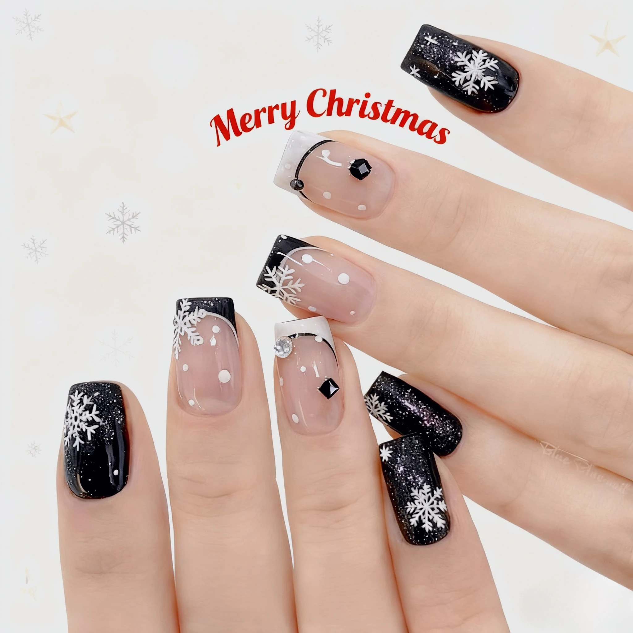 24 pièces presse de noël sur les ongles noir blanc pointe française faux ongles flocon de neige diamant paillettes décoration d'arbre de noël faux ongles