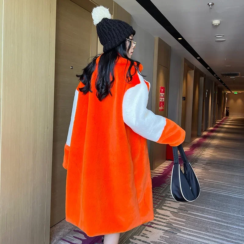 Double Breasted Lapel Faux Fur Long Coat Women Winter Plush Jacket Long Sleeves Warm Artificial Fluffy Coat Streetwear Overcoat