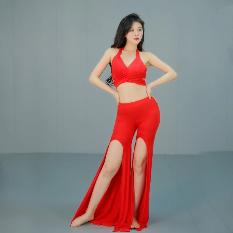 

Customized Clothes Belly Dance Costumes Set Female Sexy Hanging Neck and Waist Open Skirt Performance Dress T045