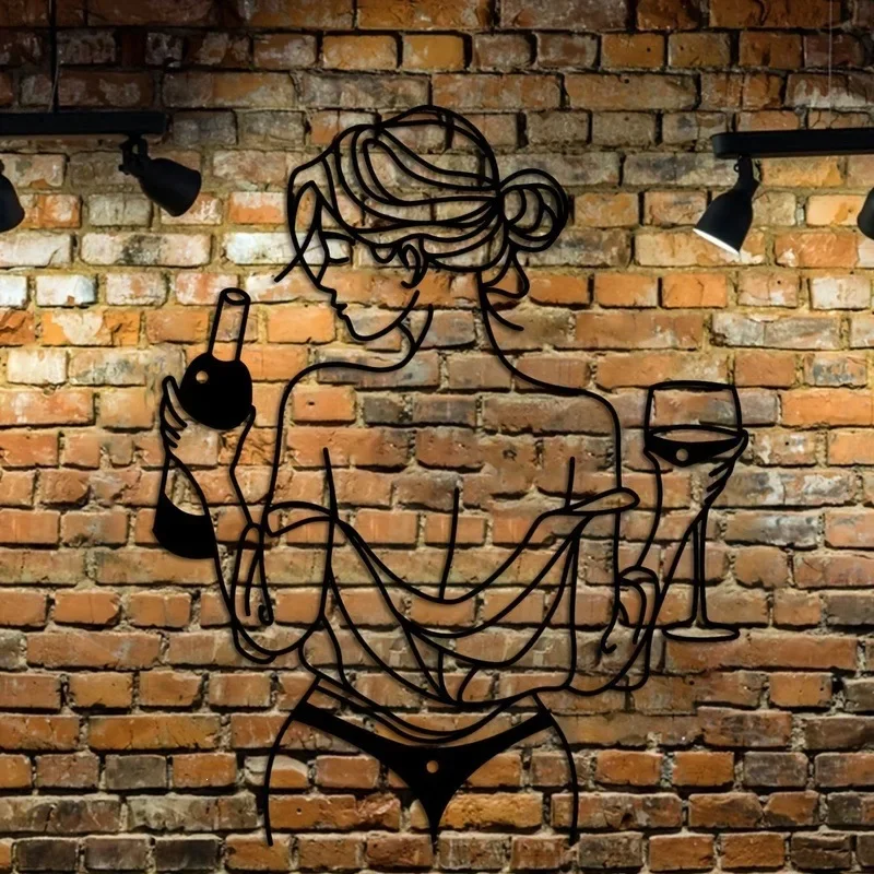 Sleek Black Metal Wine Lady Line Wall Art, Space Saving Abstract Wall Hanging, Modern Decor for Small Apartment Bar Cart