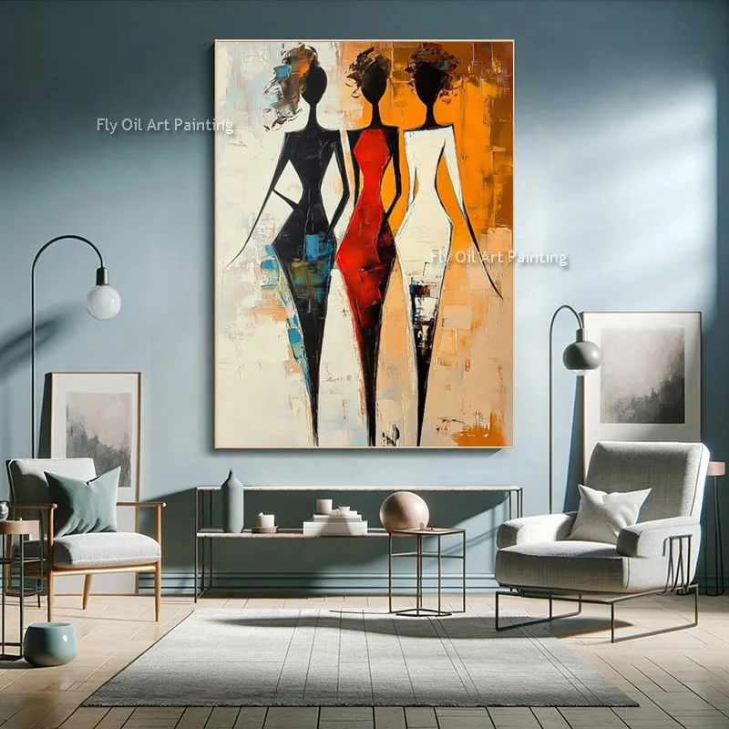 

Популярный дизайн: красно-желтая картина на холсте с изображением людей, ручная роспись, симплитизм, женские фигуры, настенный декор в подарок