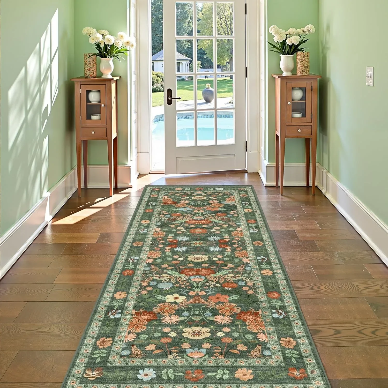Floral Hallway Runner Rug Soft Flower Botanical Long Carpet Bedroom Non-Slip Floor Mat Machine Washable Kitchen Home Decoration