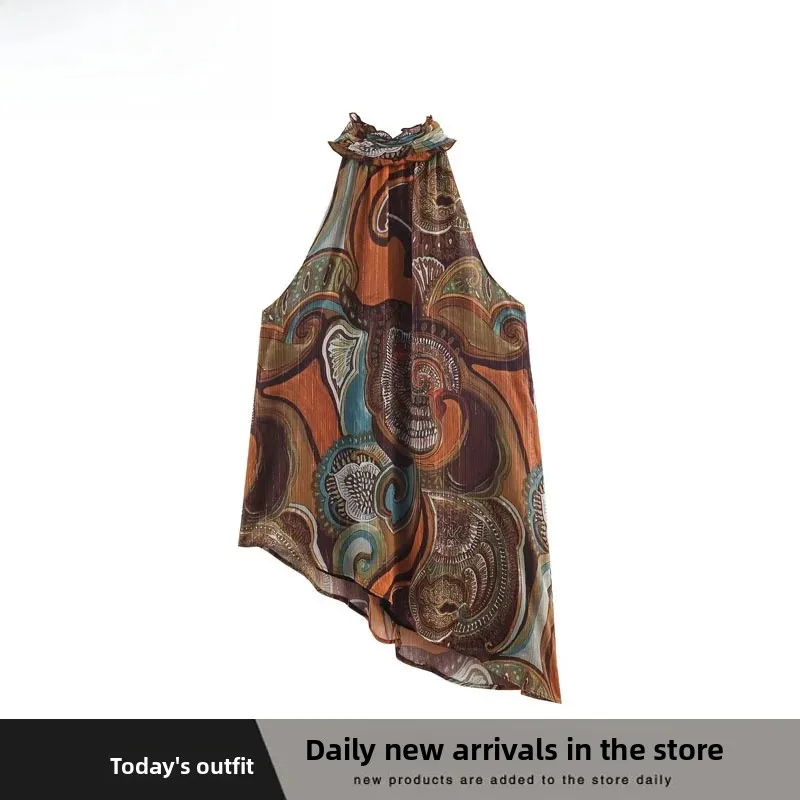 Vacation Style Asymmetric Print Metal Thread Women's T-shirt Versatile Loose Fit Breathable Skin-friendly Polyester Fiber