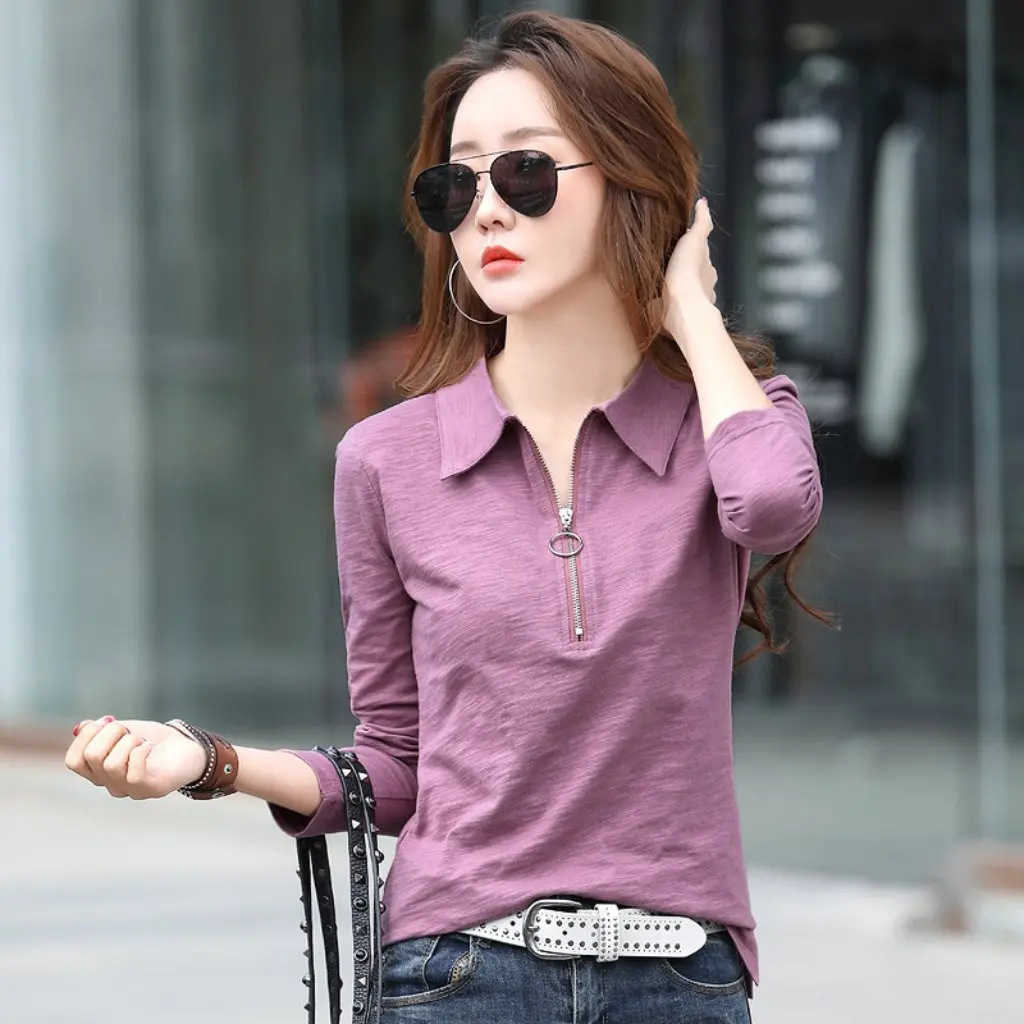 

Women's Slim-fit Long-sleeved Polo Collar T-shirt 6652 Slub Cotton Solid Color Base Shirt for Spring And Summer Outer Wear