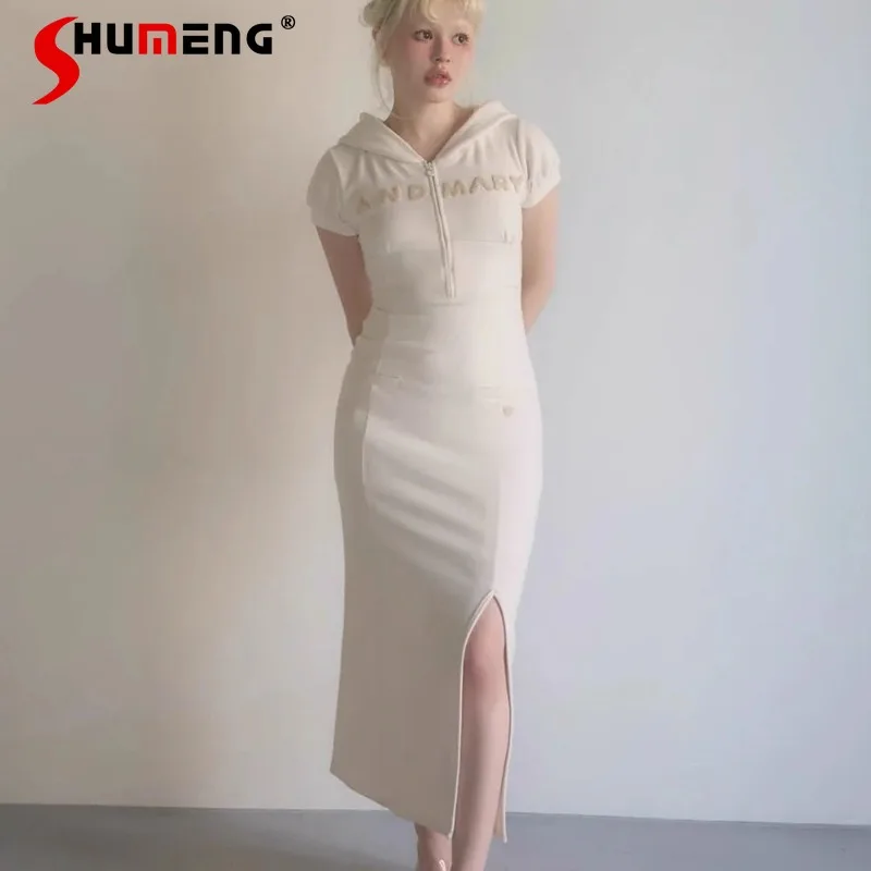 

2025 Autumn New Japanese Style Sweet Waist Slimming Letter Embroidery Short Sleeved Hooded Dress For Women's Y2k Dresses Mujer