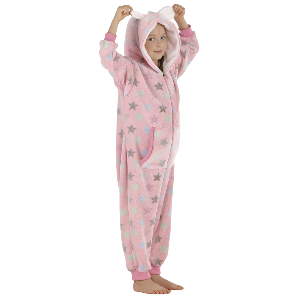 Winter Kid's Hooded Onesie Cosplay Costume Flannel Pajama One Piece Girl Flannel Pyjama Sleep Suit