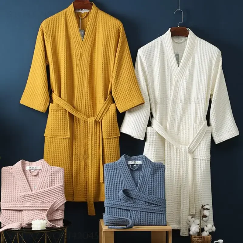 

Waffle Cotton Couple Robe with Pocket Adult Kimono Bathrobe Gown Home Dressing Gown Loose Casual Nightgown Loungewear Nightwear