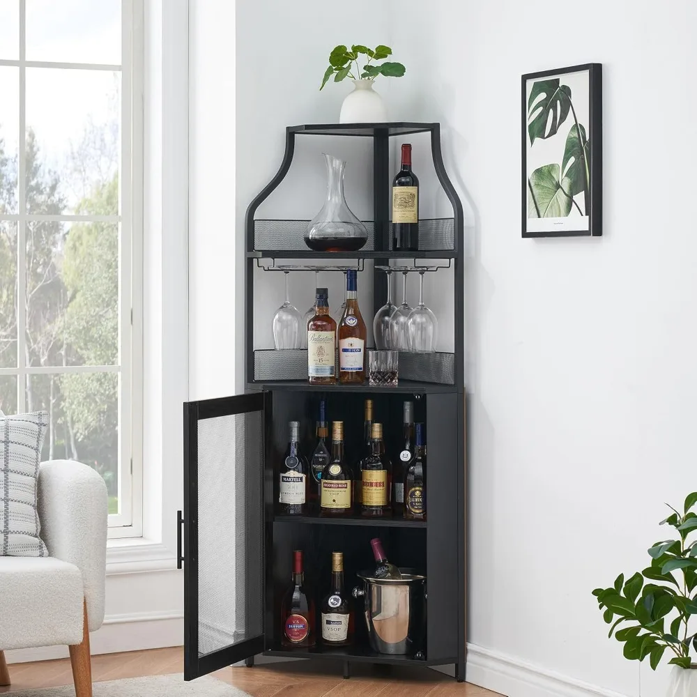 

Corner Bar Cabinet, Wine Bar Cabinet with Large Storage Space and Detachable Wine Rack, Door for Dining Room, Living Room