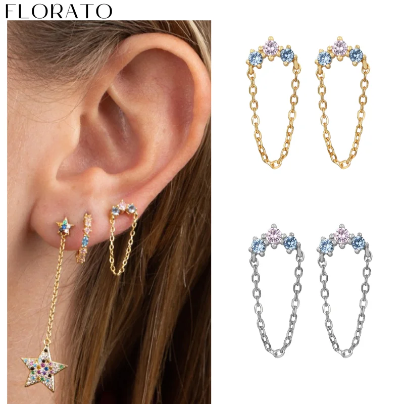 

Retro 925 sterling silver ear Needle zircon flower studs earrings for women tassel chain earrings fashion wedding jewelry huggie