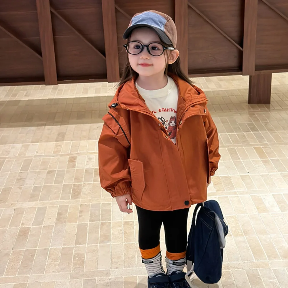 Girls Jacket 2026 Spring Autumn New, Korean Style Hooded Loose Casual Windbreaker Outer Tops For Baby Kids Girls