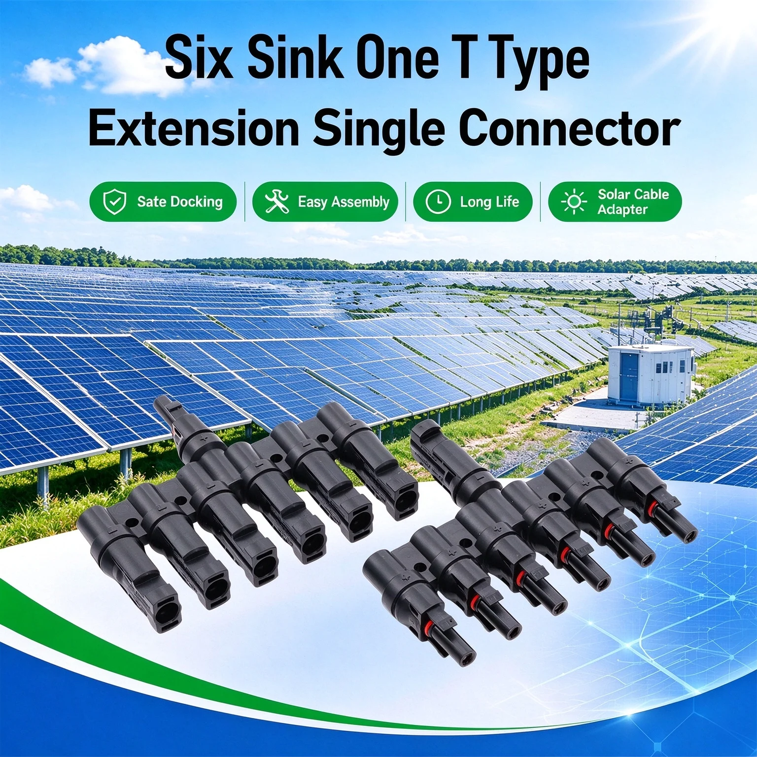 6-Way T-Type PV Branch Connector IP67 Waterproof 6 to1 Male Female Solar Adapter for Multi-Panel Parallel Connection