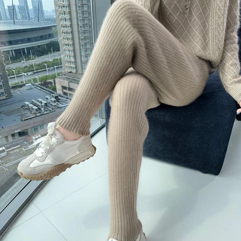 100% Mink Cashmere Women's Autumn and Winter Pencil Pants Fashion Thread Knitted Feet Pants Warm Pants Women's Clothes