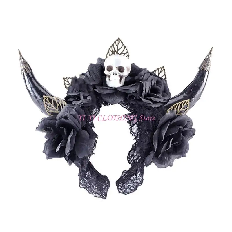 N5kf Halloween Skull Sheep Hel Hair Hair Hoop Evil Banda cabelo Cosplay Costume Witch Captain Acessório para menina