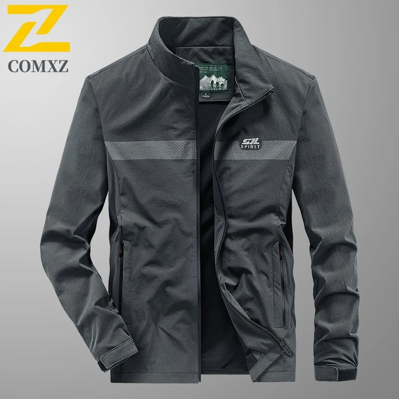 

COMXZ 2025 Mens Lightweight Stand Collar Jacket Spring Autumn Windproof Breathable Riding Four Way Stretch Casual Coat