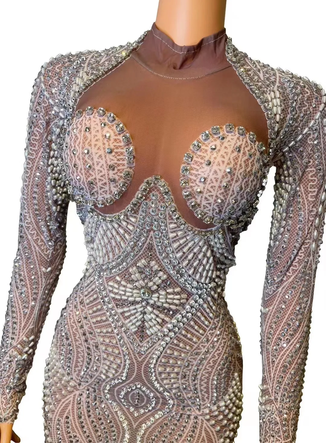 Sexy Stage Long Prom Dresses for Women Sheer Mesh Top Luxury Sparkly Pearls Diamond Dresses Black Girls Prom Formal Party Gowns