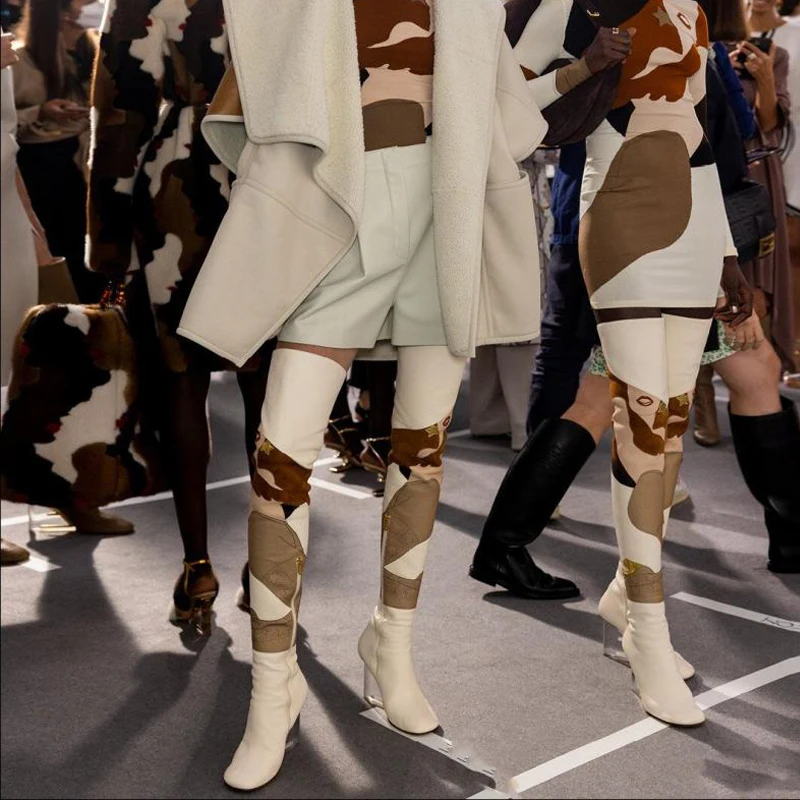 

2022 Winter Mixed Colors Print Over-the-knee Boots Luxury Crystal Transparent Heel Thigh Boots Fashion Runway Shoes Botas Mujer
