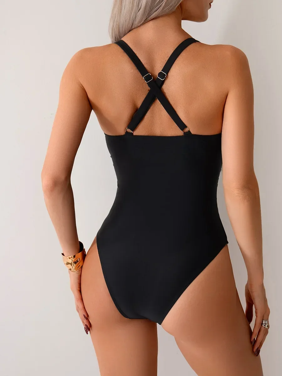 ผู้หญิงวินเทจ One-piece ตาข่าย Splicing ชุดว่ายน้ําสีดําแห้งเร็ว Halter Pleated CROSS ชุดว่ายน้ํา Tummy Control ชุดว่ายน้ํา 2025