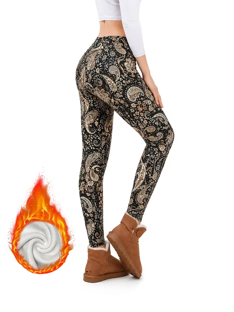 2388 Ladies Printed Fleece Lined Slim Fit Pants High Elasticity Cold Resistant Warm Autumn Winter Style Nine Point Pants