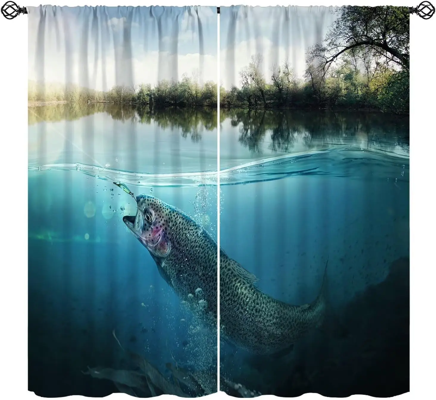 Dynamic River Fish Lure Theme Curtain 2 Panels Blue Water Nature Angler Room Print Window Curtain Wild Scenery Home Decor