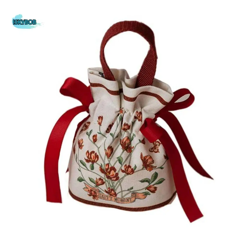

Mesh Flower Canvas Floral Drawstring Bag Large Capacity Korean Style Festive Sugar Bag Bucket Bag Jewerly Packing Bag