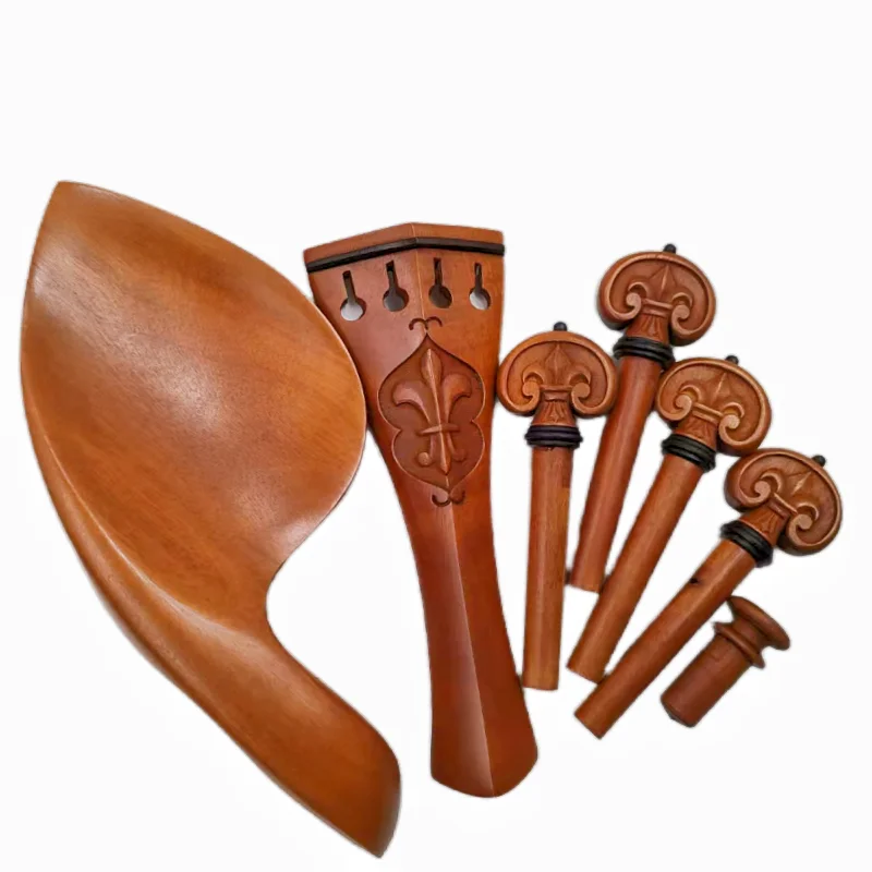 Quality Carved Set Violin Accessories Fiddle Parts With Engraving Pattern, 4/4 Violin Pegs Tailpiece Chinrest Installed Hardware