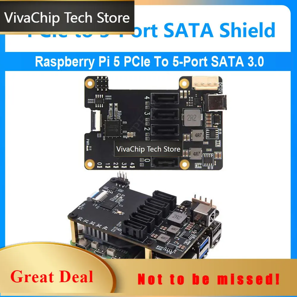 VivaCTX1009 Raspberry Pi 5 PCIe To 5-Port SATA SATA3.0 Expansion Board HTA+ SATA2.0/1.0 (NOT BOOT From SATA) For Raspberry Pi5