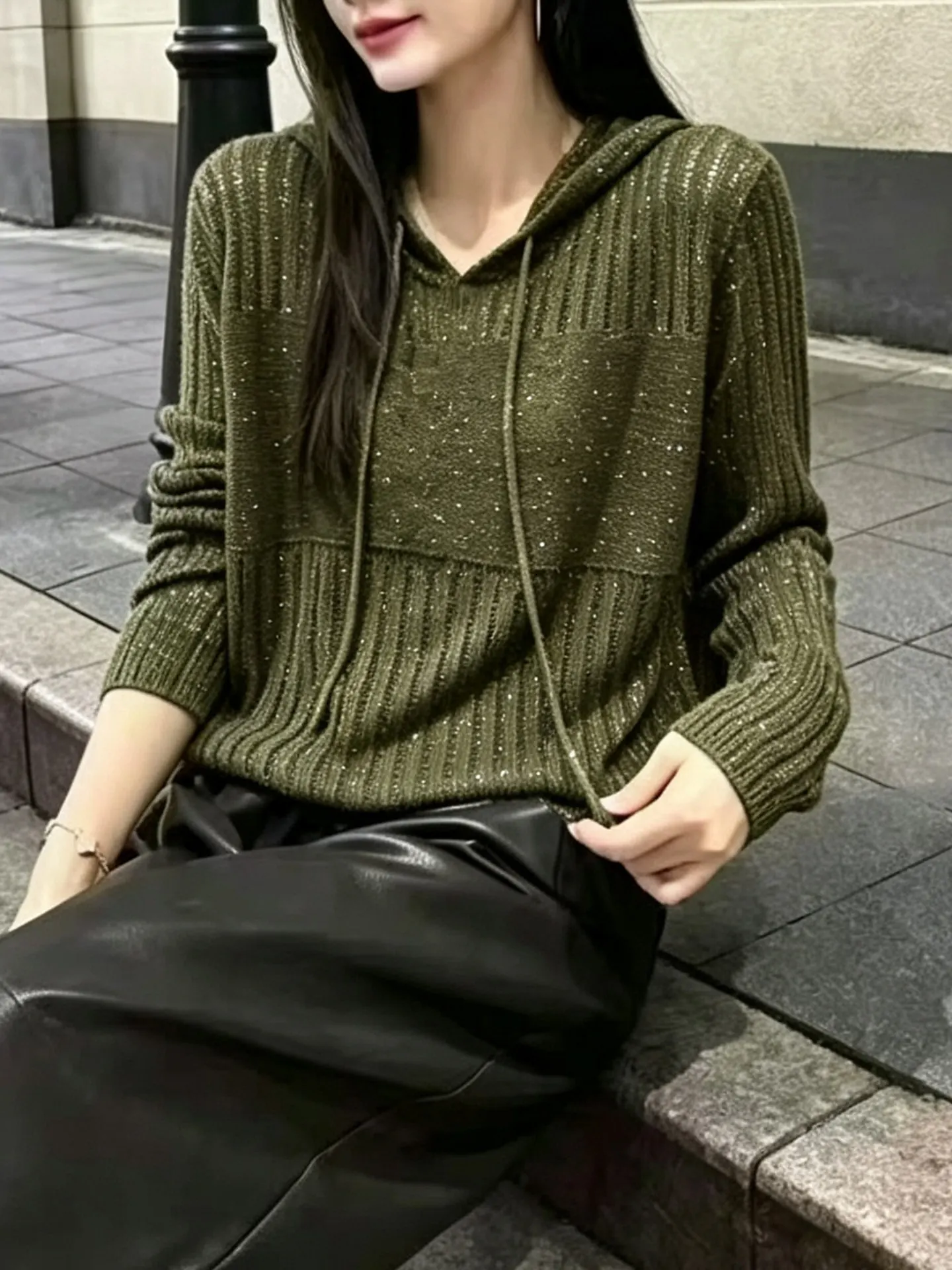 Linen Silk Loose Long Sleeve Hoodie Women's Knitted Top Slimming Versatile Casual Style Soft Bright Sequin Knitwear